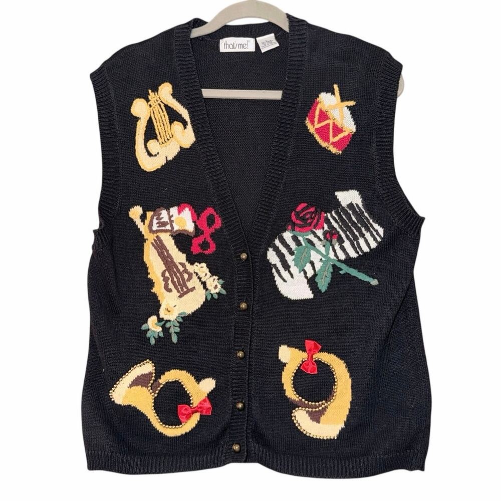 Vintage that’s me black cotton ramie sweater vest button front large musical